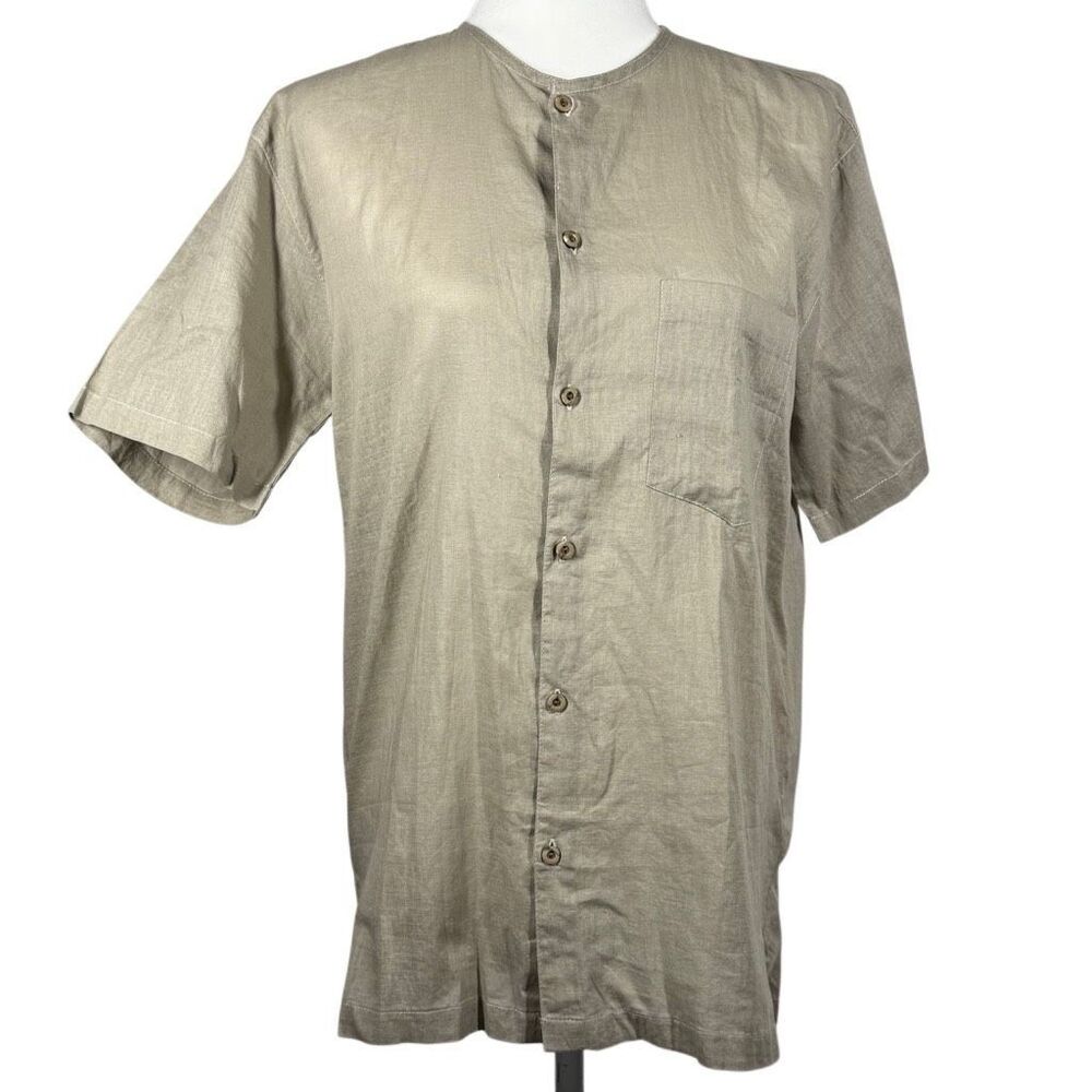 Carlo Palachi Beige Short Sleeve Polo Shirt Size S Button Front Round Neck